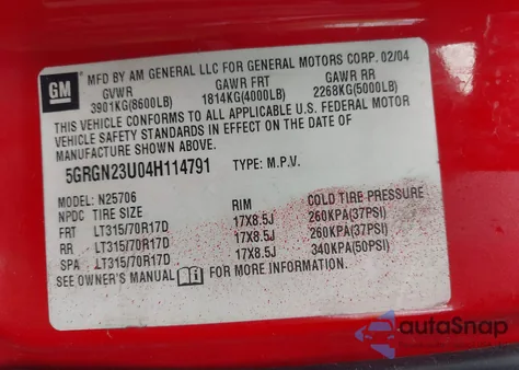 2004 Hummer H2 from USA, damaged, VIN 5GRGN23U04H114791